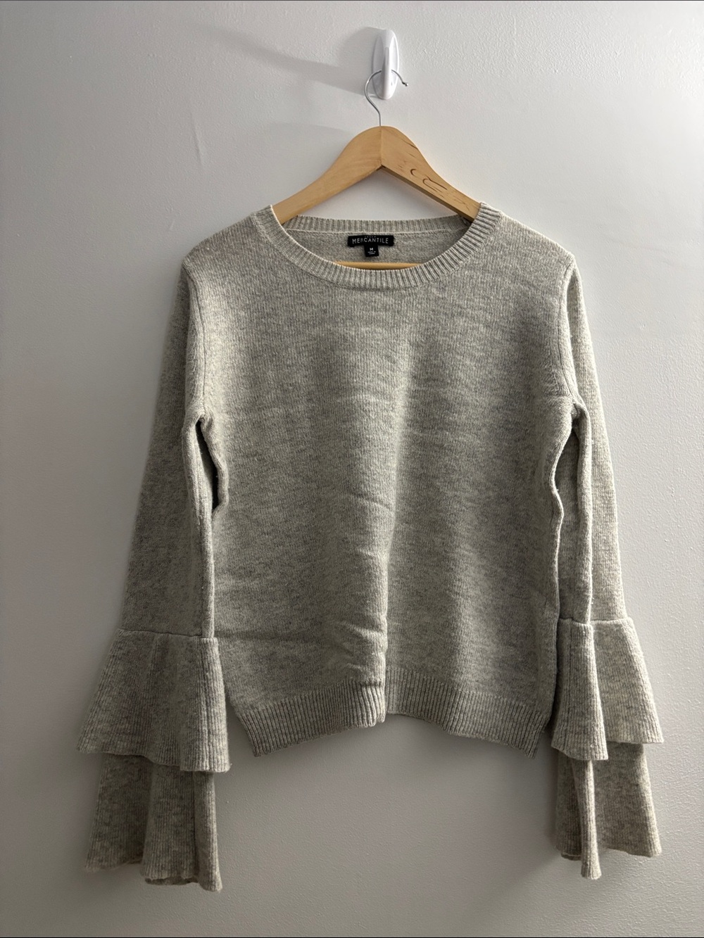 J. Crew Light Gray Ruffle-Sleeve Crewneck Sweater